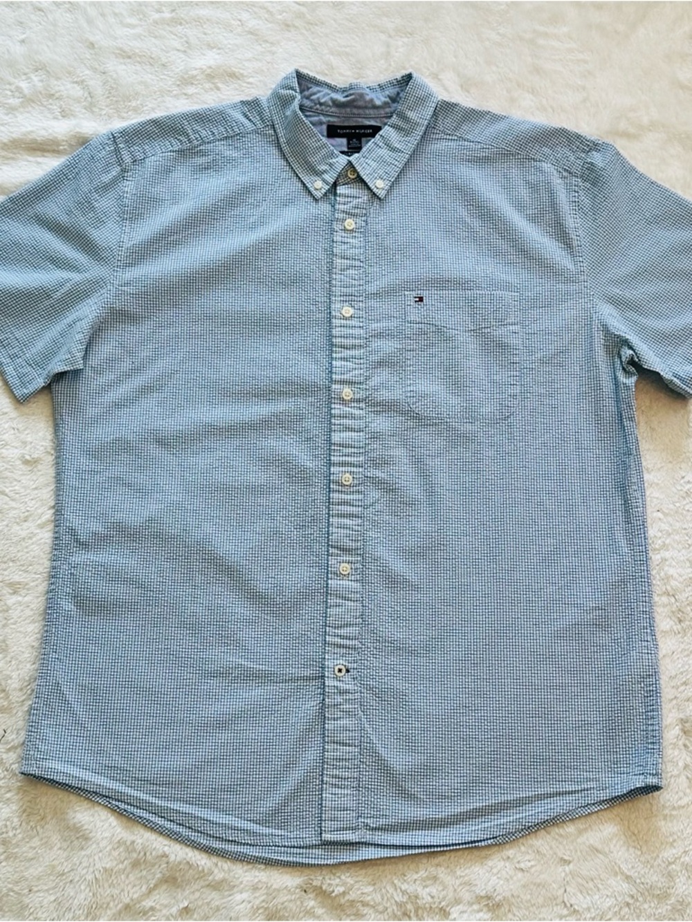 Tommy Hilfiger Men's XL Seersucker Shirt Short Sleeve Blue Gingham Classic Fit
